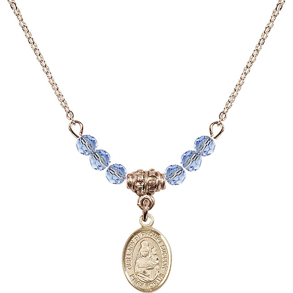 14kt Gold Filled Our Lady of Prompt Succor Birthstone Necklace with Light Sapphire Beads - 9299