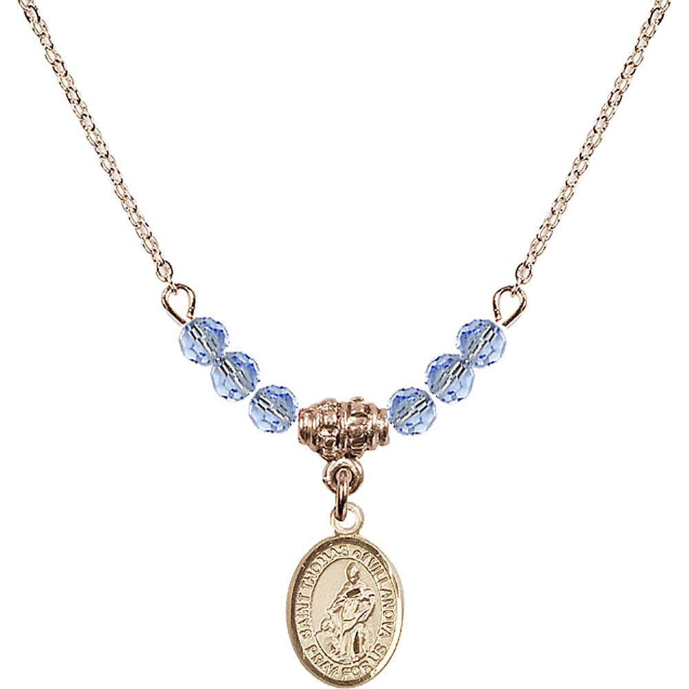14kt Gold Filled Saint Thomas of Villanova Birthstone Necklace with Light Sapphire Beads - 9304