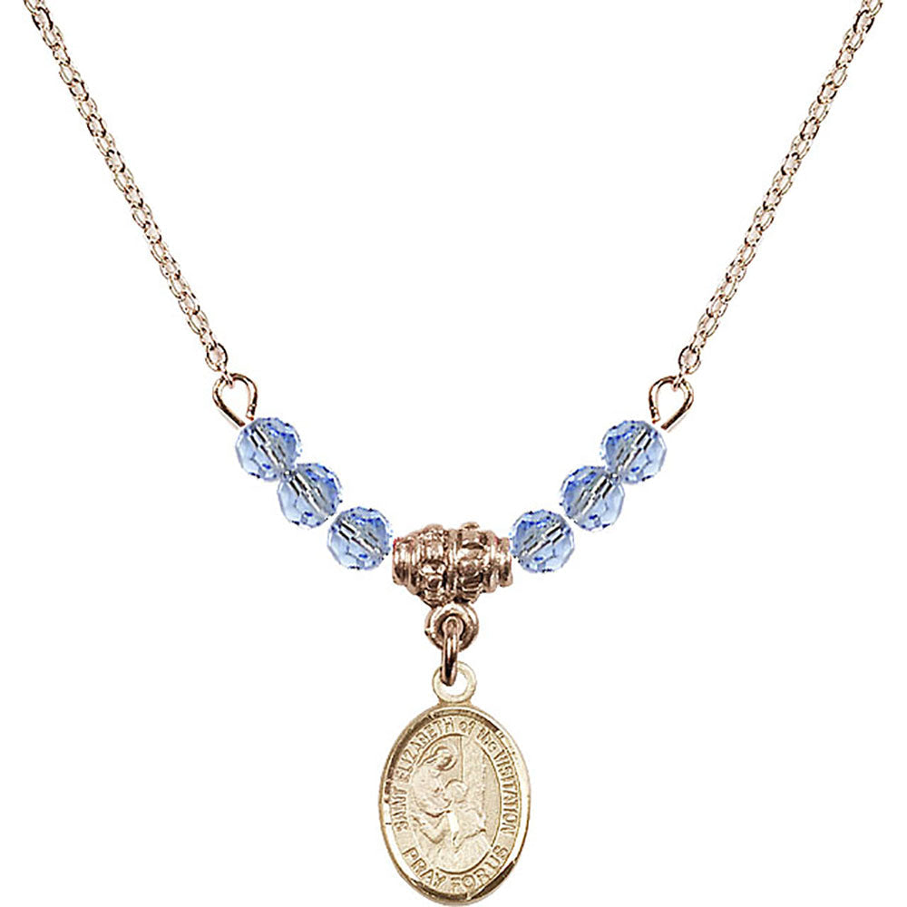 14kt Gold Filled Saint Elizabeth of the Visitation Birthstone Necklace with Light Sapphire Beads - 9311