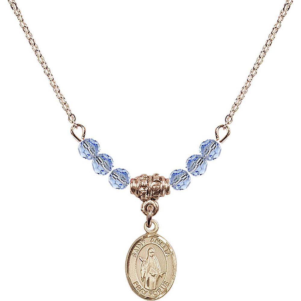 14kt Gold Filled Saint Amelia Birthstone Necklace with Light Sapphire Beads - 9313