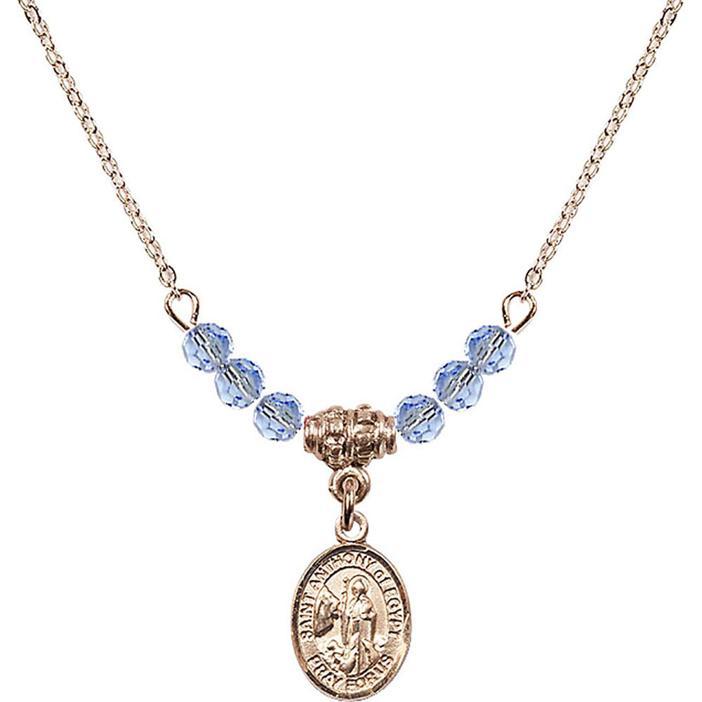 14kt Gold Filled Saint Anthony of Egypt Birthstone Necklace with Light Sapphire Beads - 9317