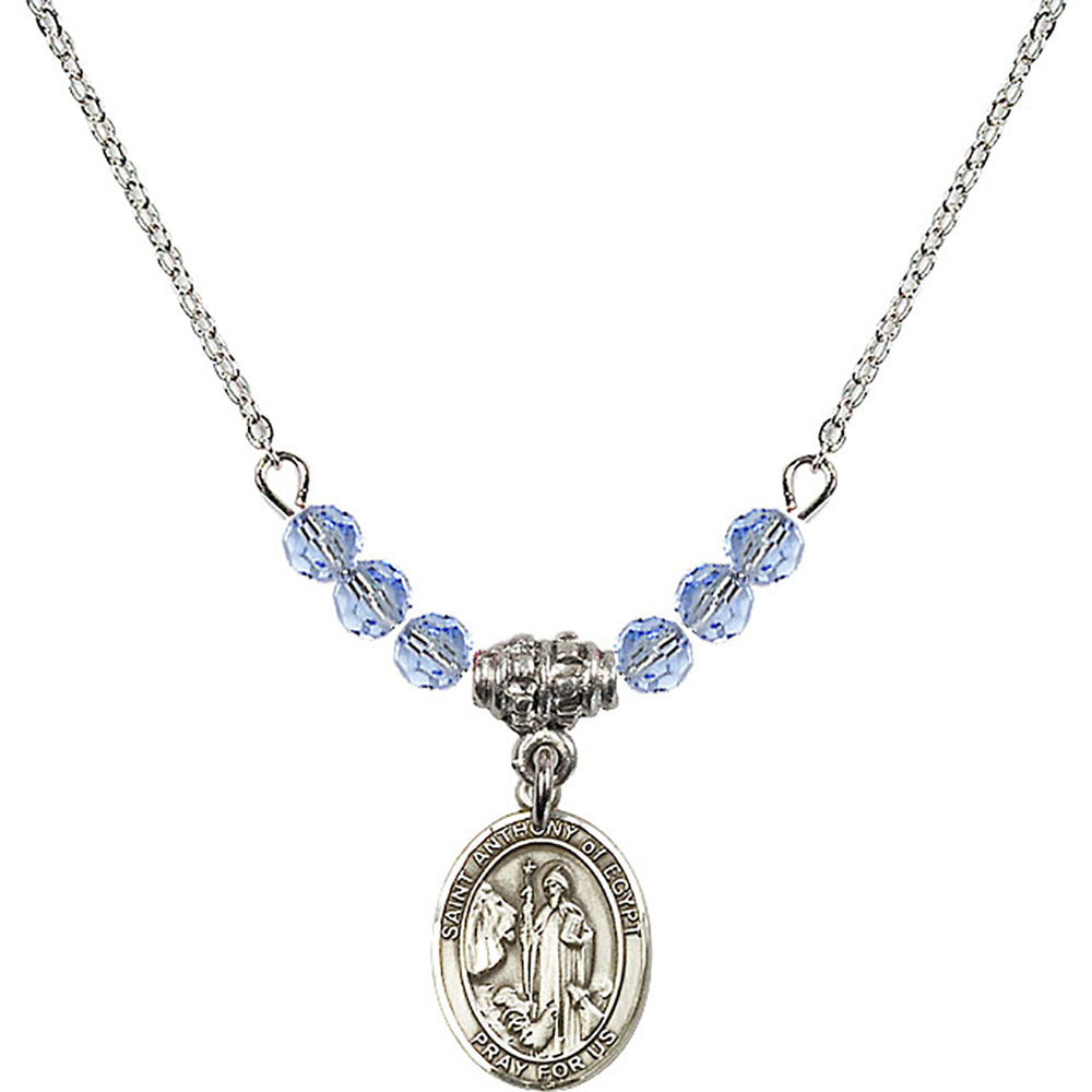 Sterling Silver Saint Anthony of Egypt Birthstone Necklace with Light Sapphire Beads - 9317