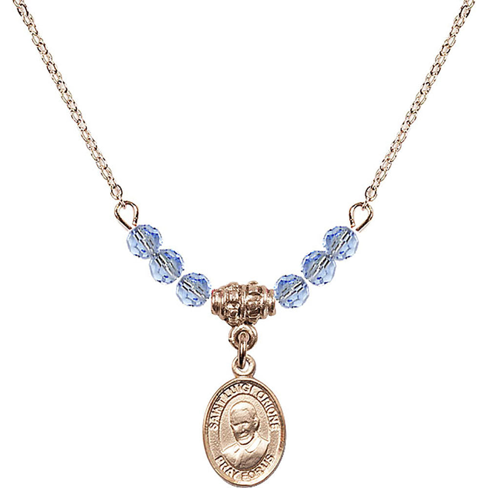 14kt Gold Filled Saint Luigi Orione Birthstone Necklace with Light Sapphire Beads - 9326