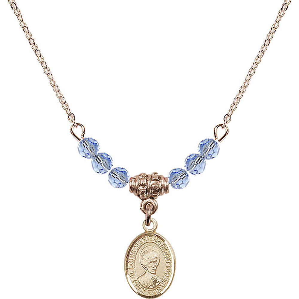 14kt Gold Filled Saint Louis Marie de Montfort Birthstone Necklace with Light Sapphire Beads - 9330
