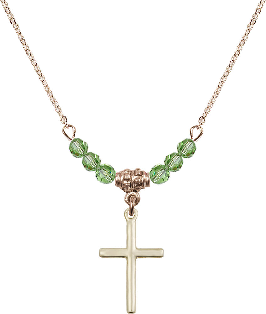 14kt Gold Filled Cross Birthstone Necklace with Peridot Beads - 0017