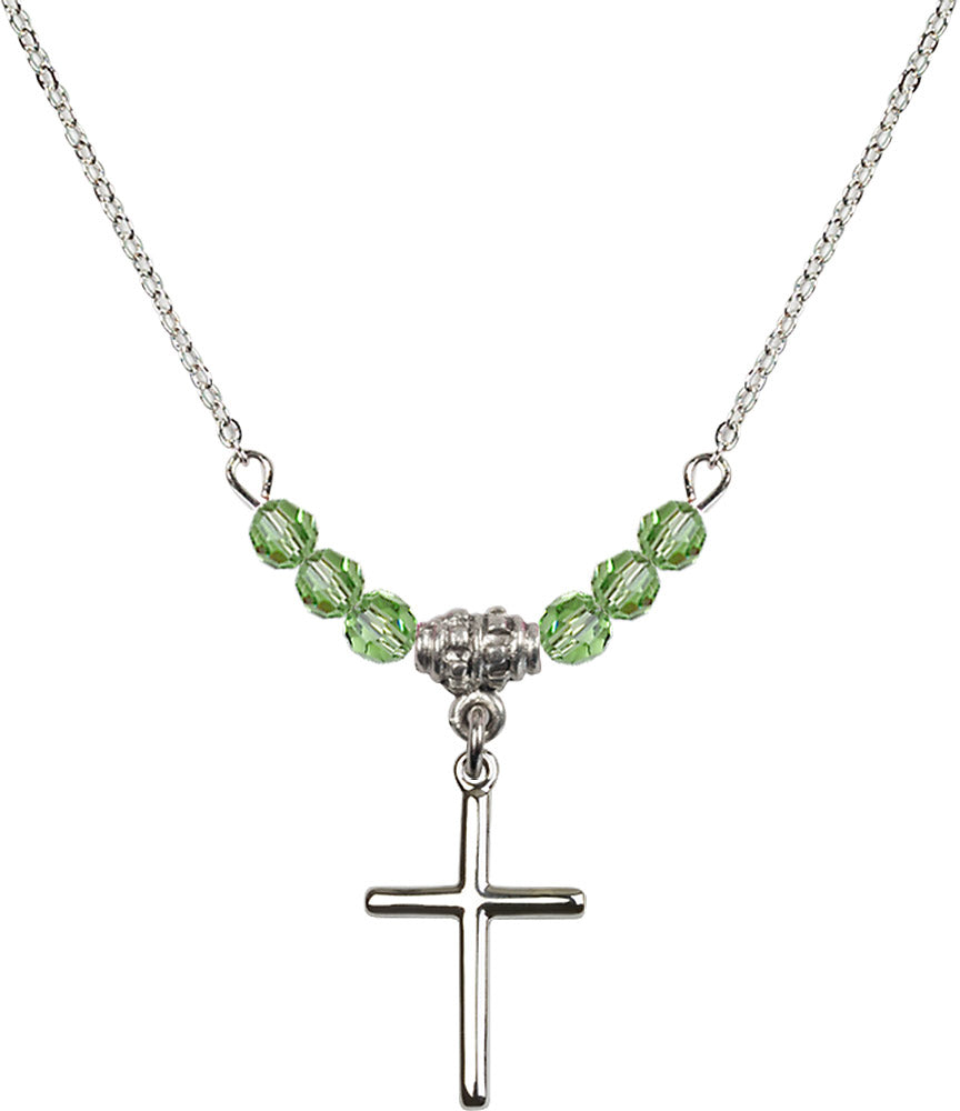 Sterling Silver Cross Birthstone Necklace with Peridot Beads - 0017