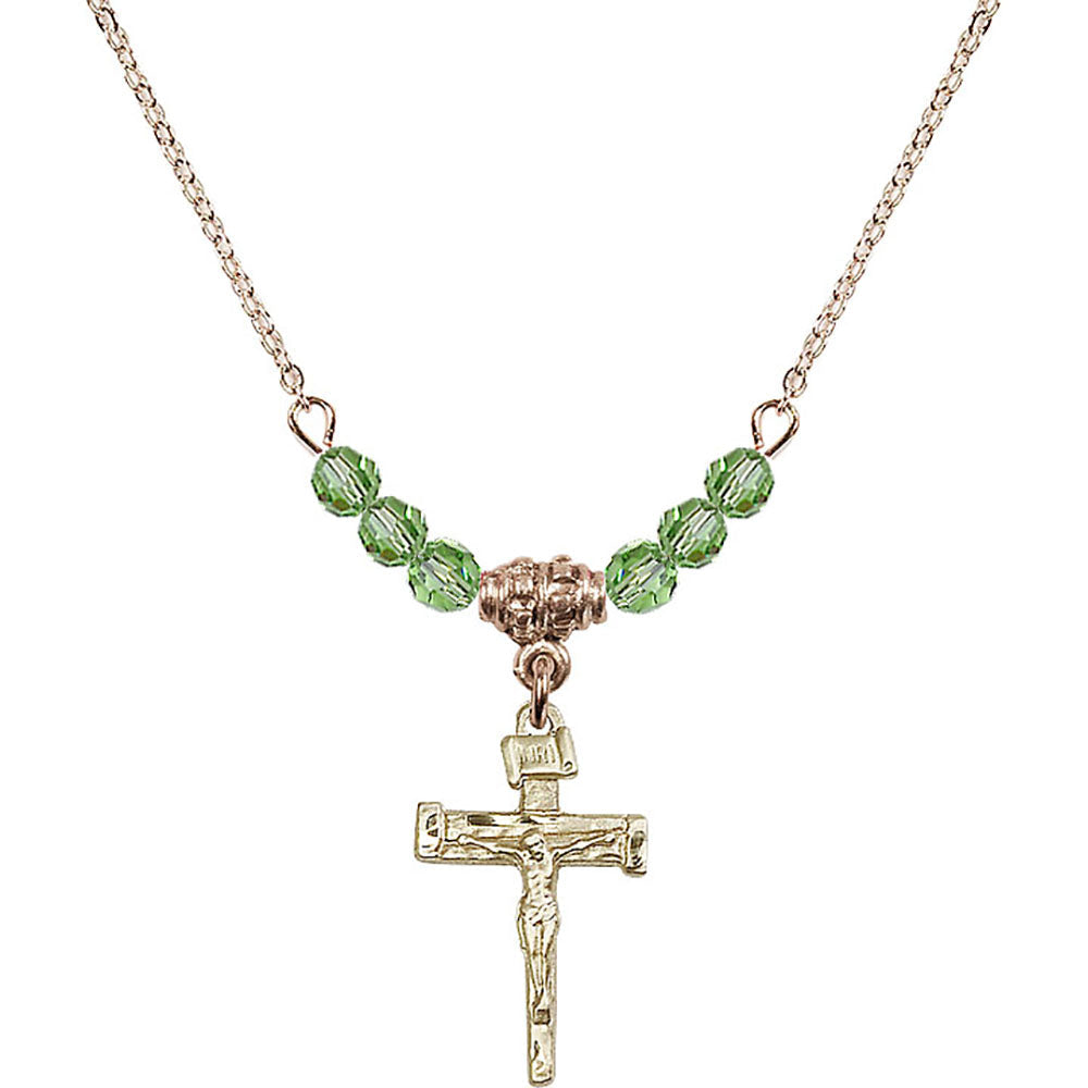 14kt Gold Filled Nail Crucifix Birthstone Necklace with Peridot Beads - 0072