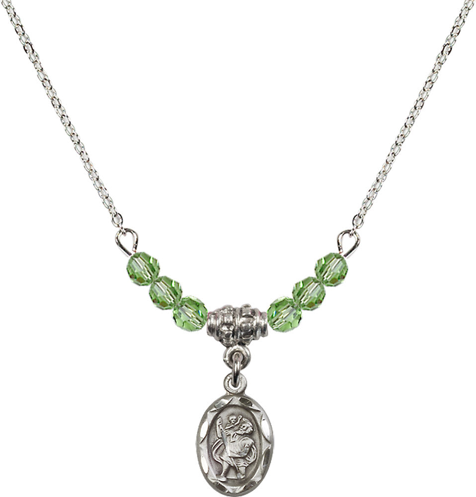 Sterling Silver Saint Christopher Birthstone Necklace with Peridot Beads - 0301