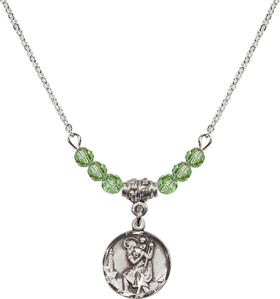Sterling Silver Saint Christopher Birthstone Necklace with Peridot Beads - 0601