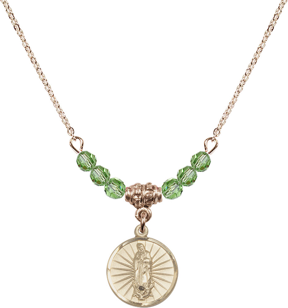 14kt Gold Filled Our Lady of Guadalupe Birthstone Necklace with Peridot Beads - 0601