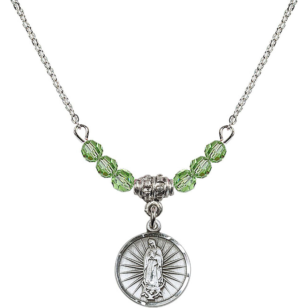 Sterling Silver Our Lady of Guadalupe Birthstone Necklace with Peridot Beads - 0601