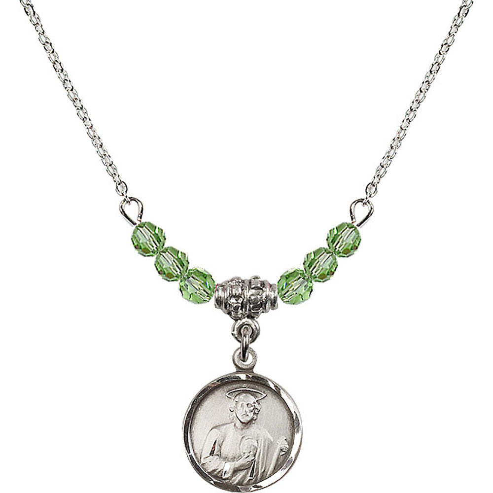 Sterling Silver Saint Jude Birthstone Necklace with Peridot Beads - 0601
