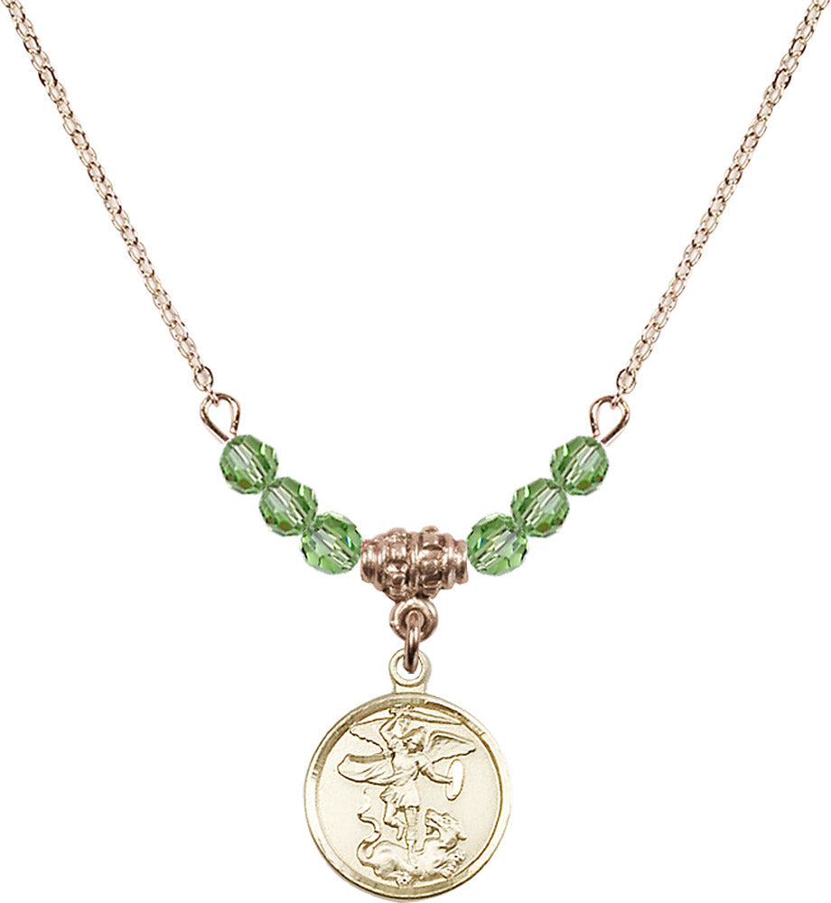 14kt Gold Filled Saint Michael the Archangel Birthstone Necklace with Peridot Beads - 0601