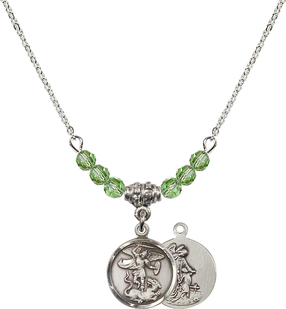 Sterling Silver Saint Michael the Archangel Birthstone Necklace with Peridot Beads - 0601