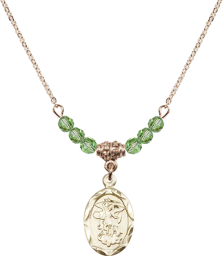 14kt Gold Filled Saint Michael the Archangel Birthstone Necklace with Peridot Beads - 0612