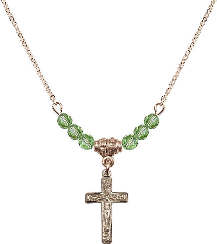 14kt Gold Filled Crucifix Birthstone Necklace with Peridot Beads - 0672