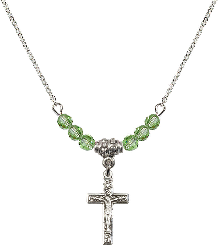 Sterling Silver Crucifix Birthstone Necklace with Peridot Beads - 0672