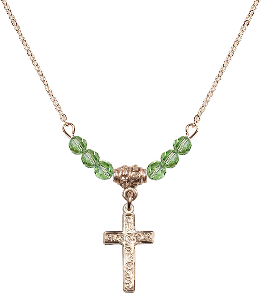 14kt Gold Filled Cross Birthstone Necklace with Peridot Beads - 0672