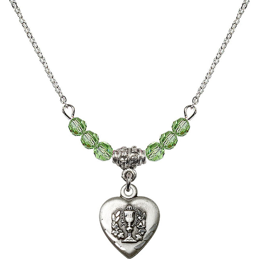 Sterling Silver Heart / Communion Birthstone Necklace with Peridot Beads - 0892