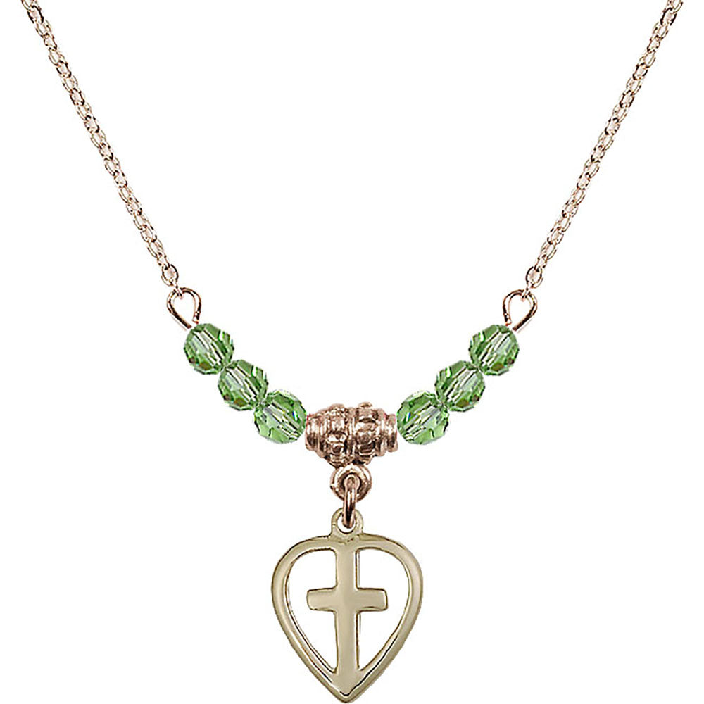 14kt Gold Filled Heart / Cross Birthstone Necklace with Peridot Beads - 1709