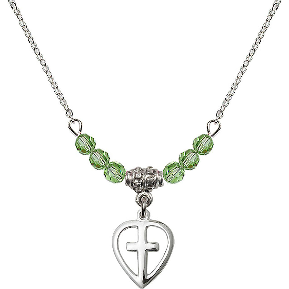 Sterling Silver Heart / Cross Birthstone Necklace with Peridot Beads - 1709