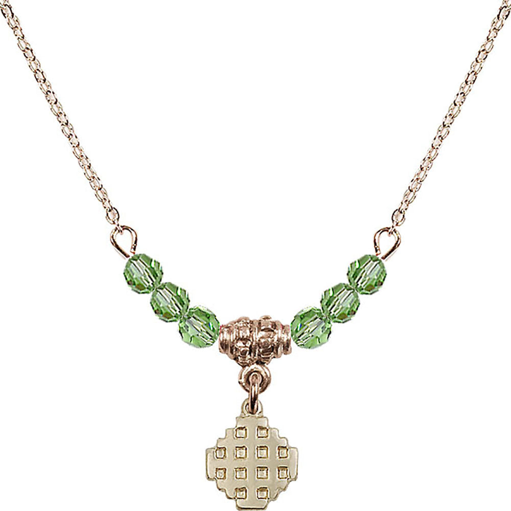 14kt Gold Filled Jerusalem Cross Birthstone Necklace with Peridot Beads - 4118