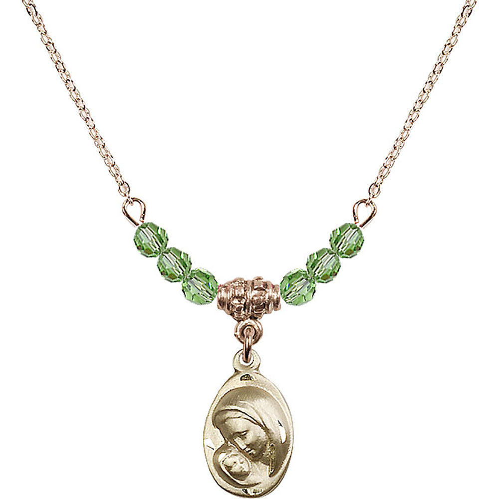 14kt Gold Filled Madonna & Child Birthstone Necklace with Peridot Beads - 5447