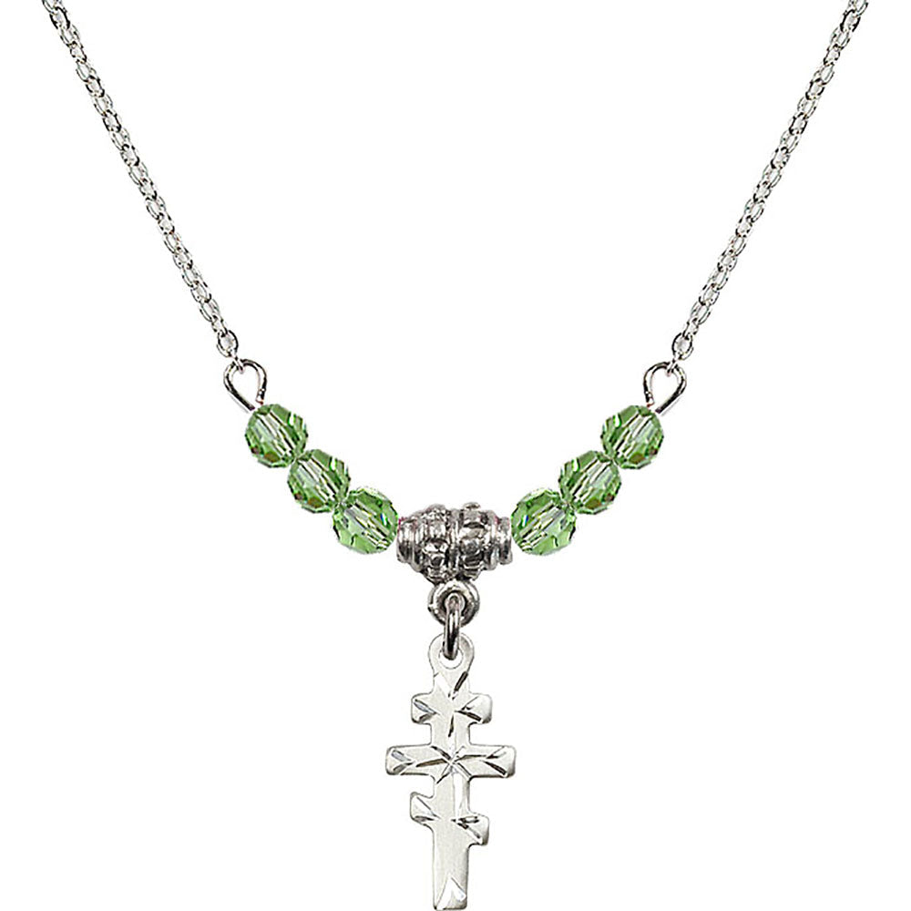 Sterling Silver Greek Orthadox Cross Birthstone Necklace with Peridot Beads - 5654
