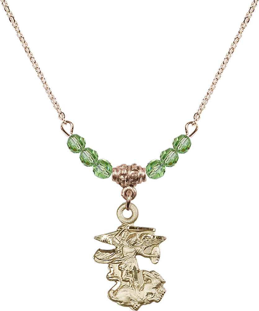 14kt Gold Filled Saint Michael the Archangel Birthstone Necklace with Peridot Beads - 5940