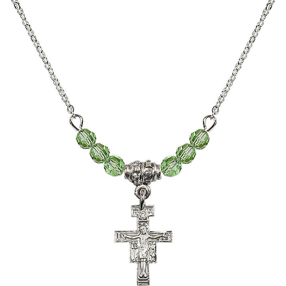 Sterling Silver San Damiano Crucifix Birthstone Necklace with Peridot Beads - 6078