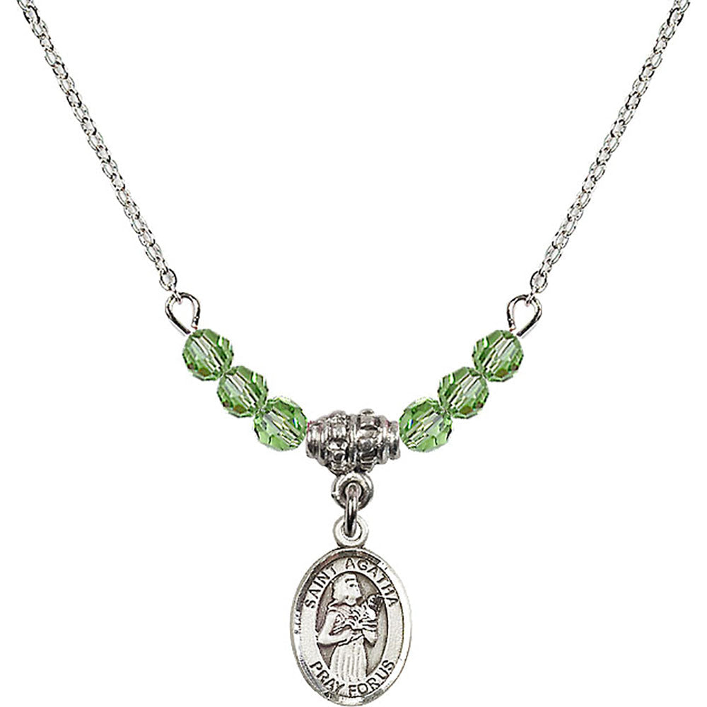 Sterling Silver Saint Agatha Birthstone Necklace with Peridot Beads - 9003