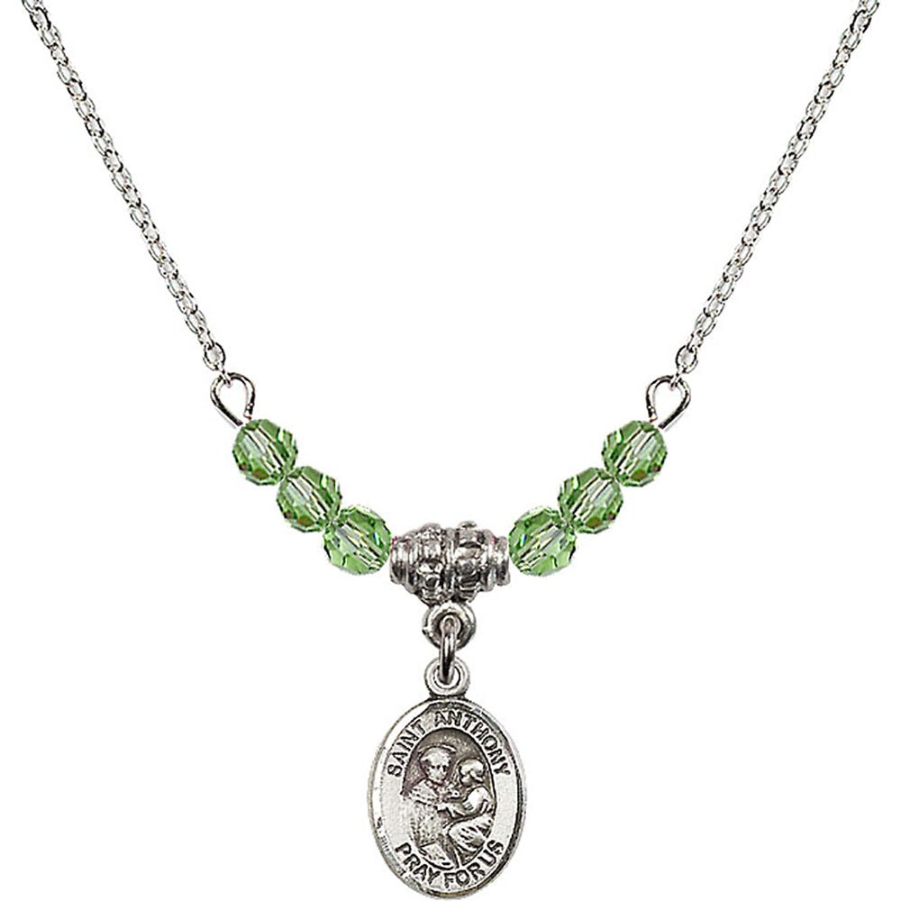 Sterling Silver Saint Anthony of Padua Birthstone Necklace with Peridot Beads - 9004