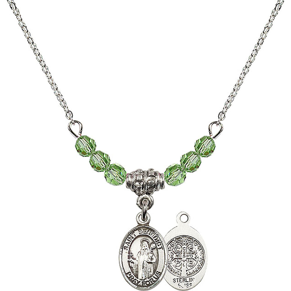 Sterling Silver Saint Benedict Birthstone Necklace with Peridot Beads - 9008
