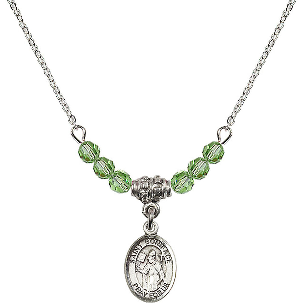 Sterling Silver Saint Boniface Birthstone Necklace with Peridot Beads - 9009