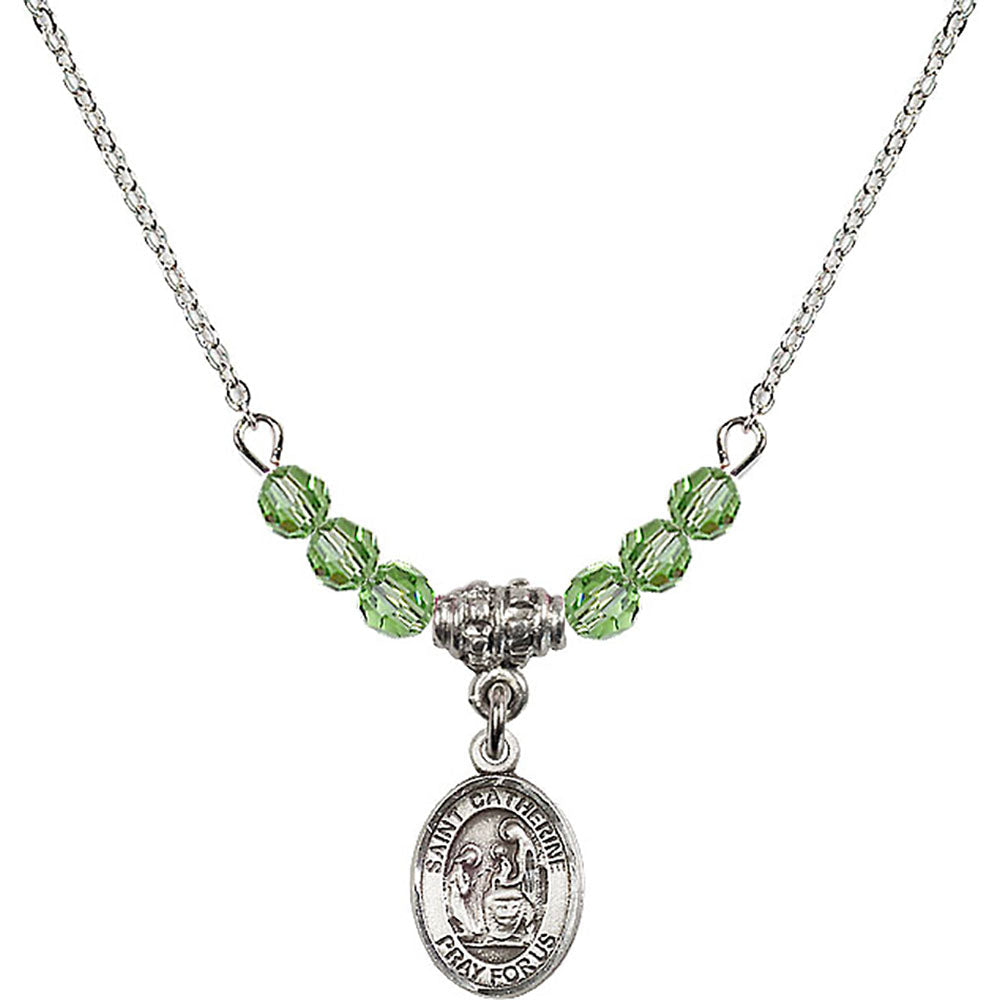 Sterling Silver Saint Catherine of Siena Birthstone Necklace with Peridot Beads - 9014