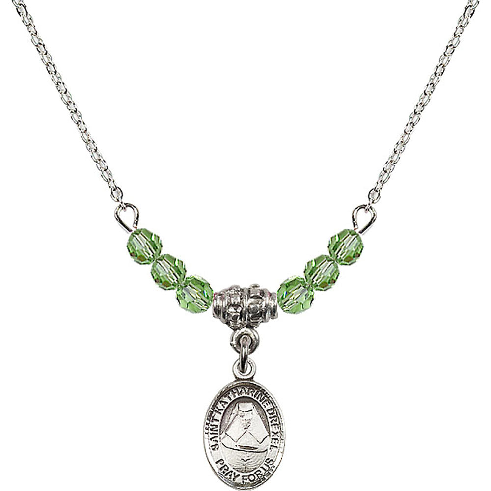 Sterling Silver Saint Katharine Drexel Birthstone Necklace with Peridot Beads - 9015