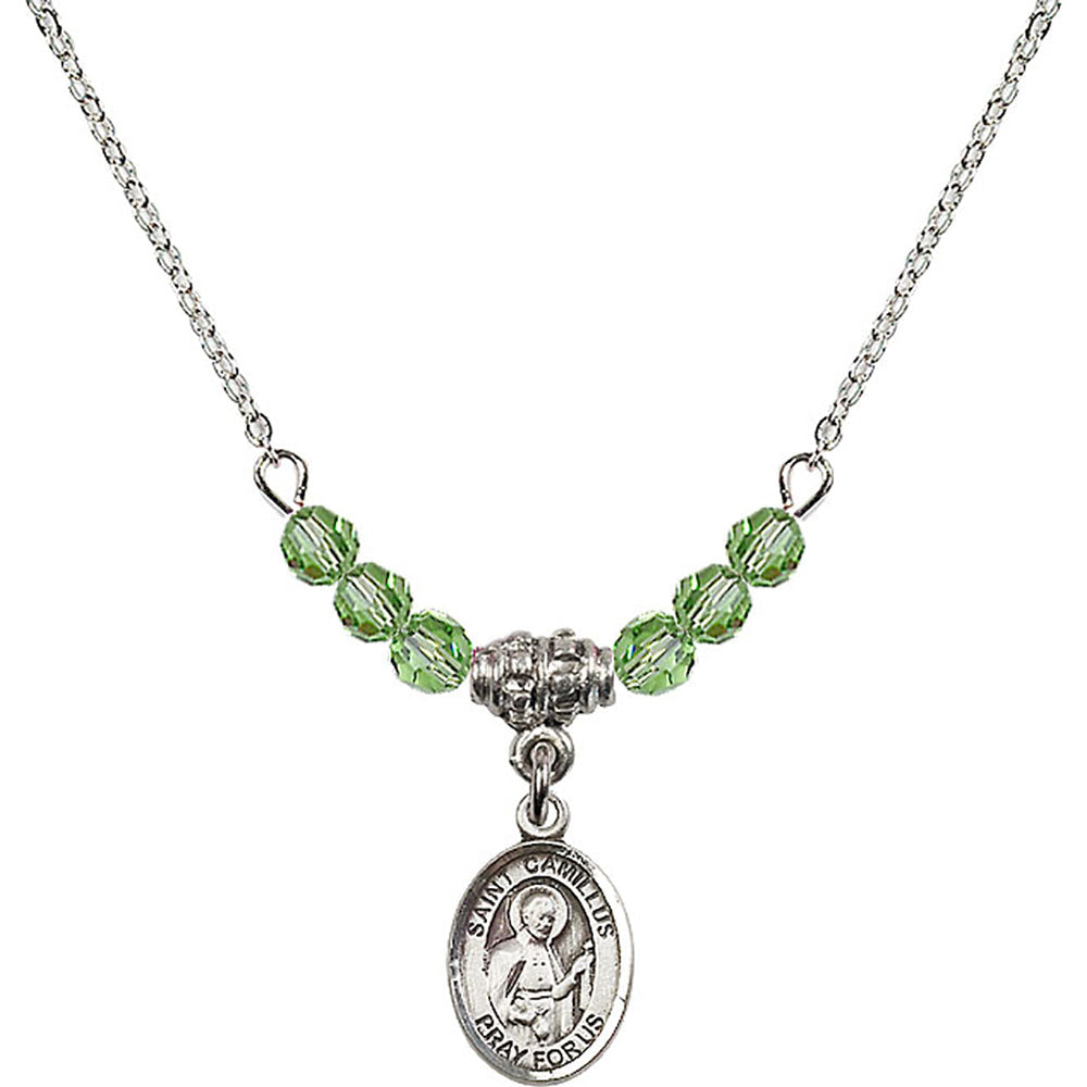 Sterling Silver Saint Camillus of Lellis Birthstone Necklace with Peridot Beads - 9019