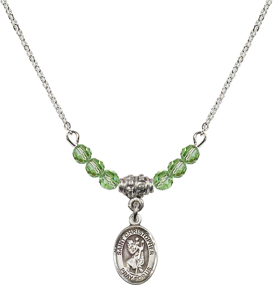 Sterling Silver Saint Christopher Birthstone Necklace with Peridot Beads - 9022