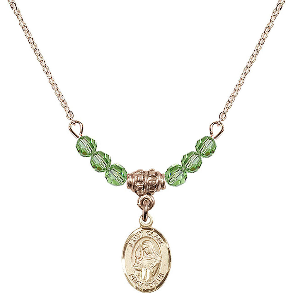 14kt Gold Filled Saint Clare of Assisi Birthstone Necklace with Peridot Beads - 9028