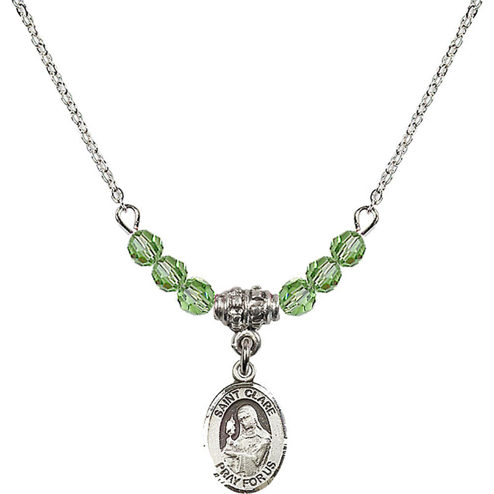 Sterling Silver Saint Clare of Assisi Birthstone Necklace with Peridot Beads - 9028