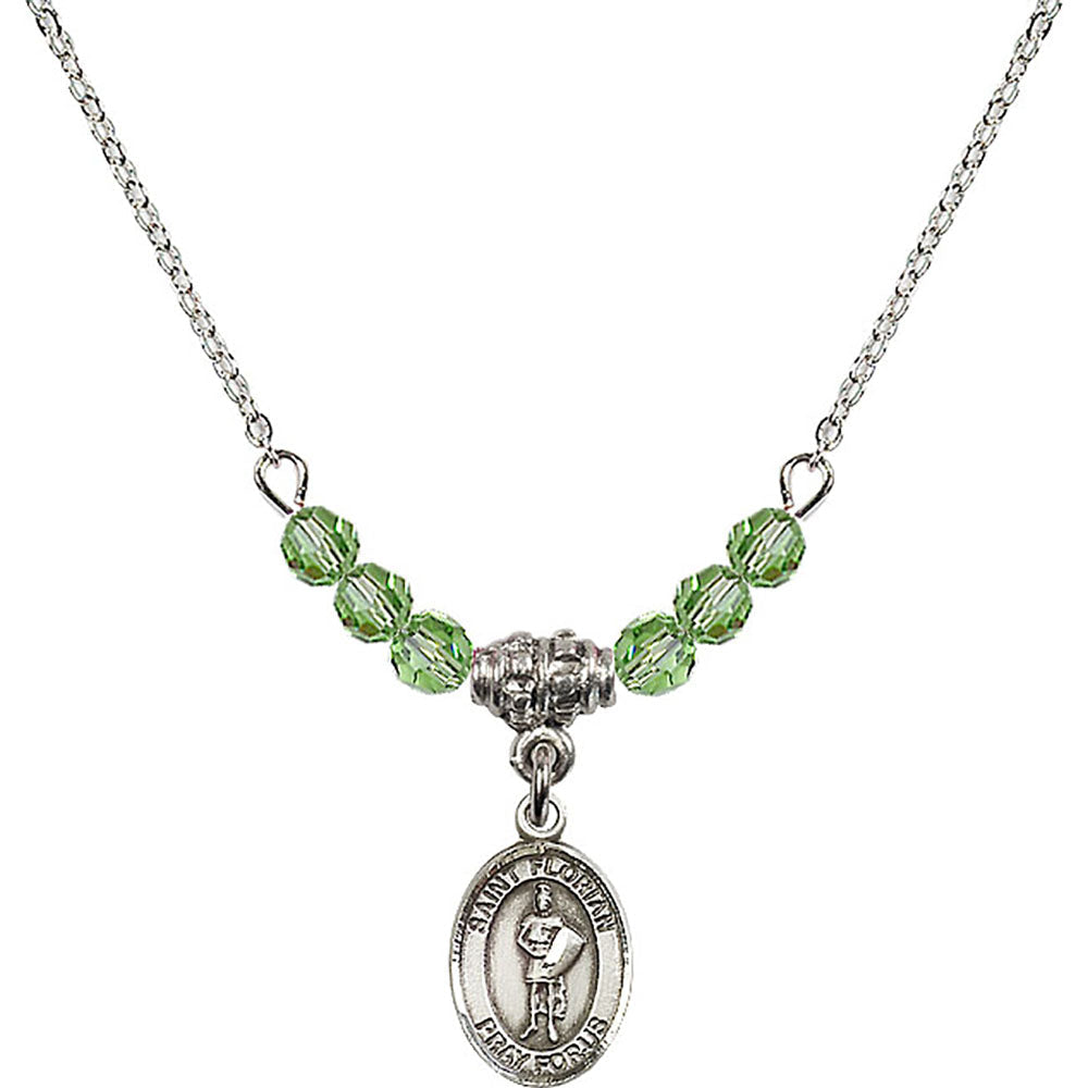 Sterling Silver Saint Florian Birthstone Necklace with Peridot Beads - 9034