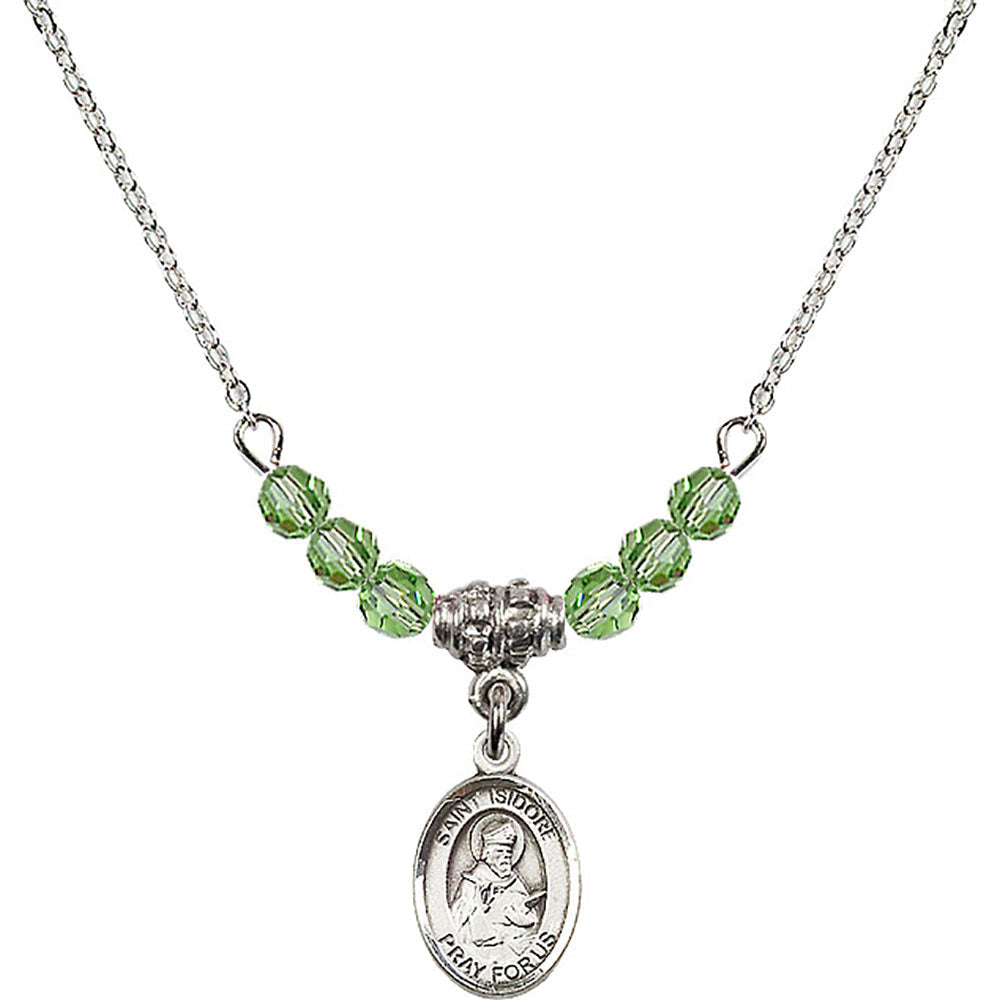 Sterling Silver Saint Isidore of Seville Birthstone Necklace with Peridot Beads - 9049