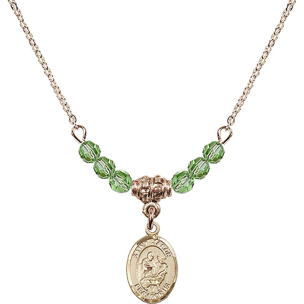 14kt Gold Filled Saint Jason Birthstone Necklace with Peridot Beads - 9051