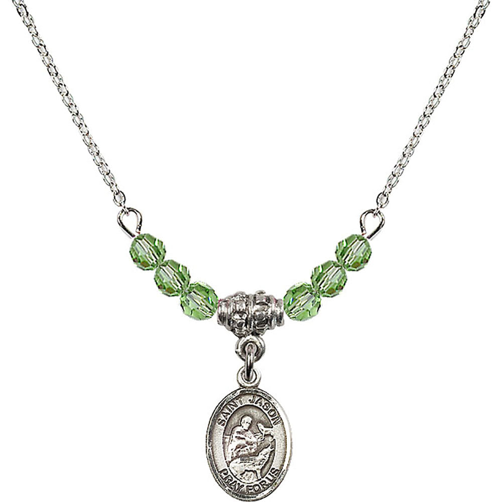 Sterling Silver Saint Jason Birthstone Necklace with Peridot Beads - 9051
