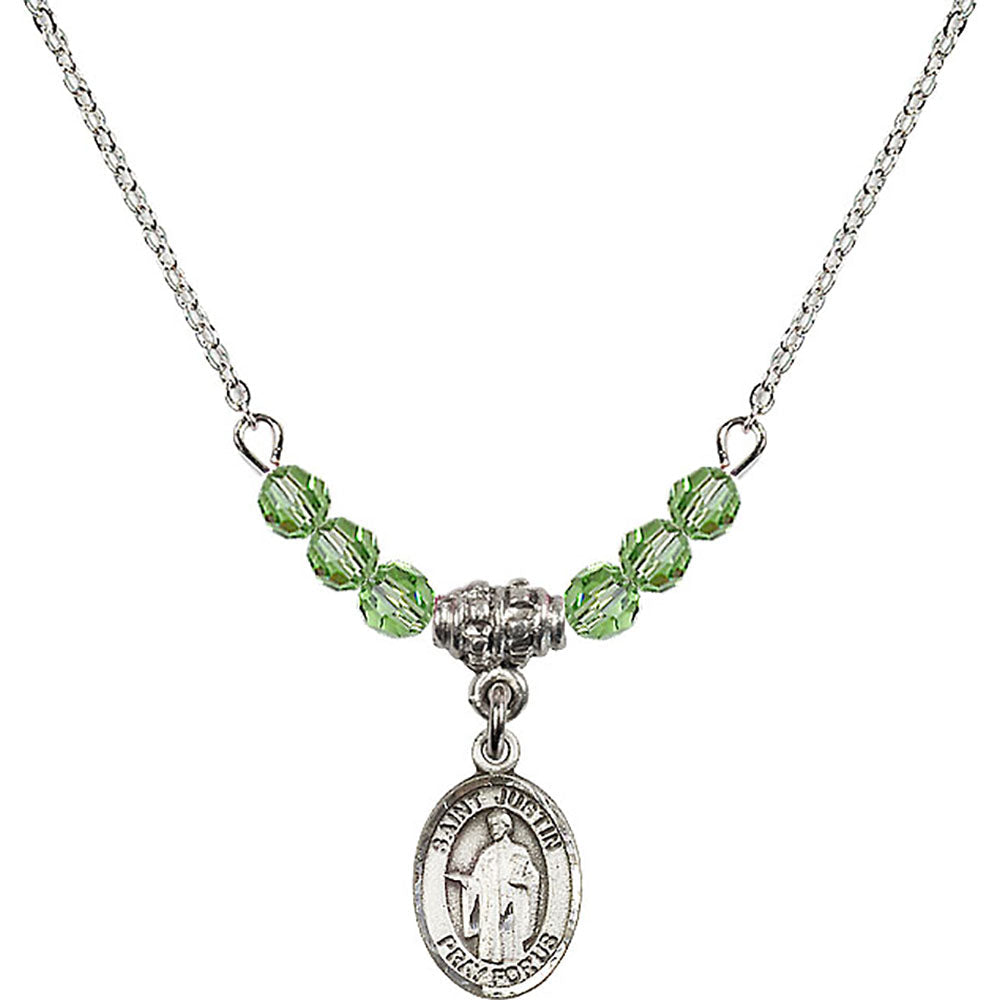 Sterling Silver Saint Justin Birthstone Necklace with Peridot Beads - 9052