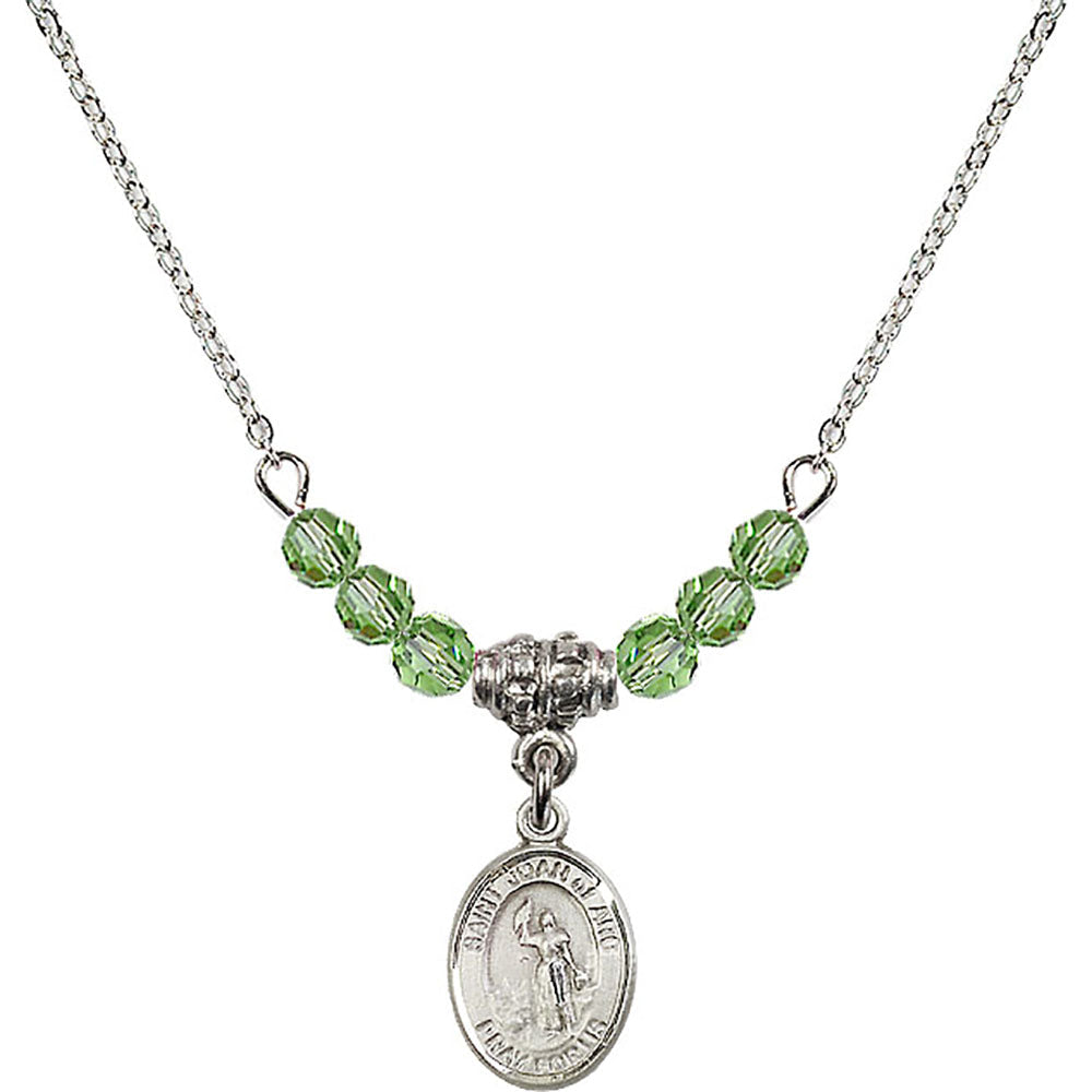 Sterling Silver Saint Joan of Arc Birthstone Necklace with Peridot Beads - 9053