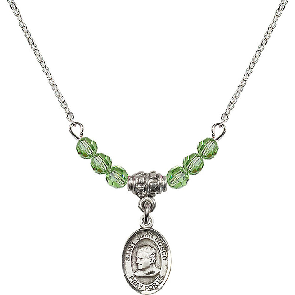 Sterling Silver Saint John Bosco Birthstone Necklace with Peridot Beads - 9055