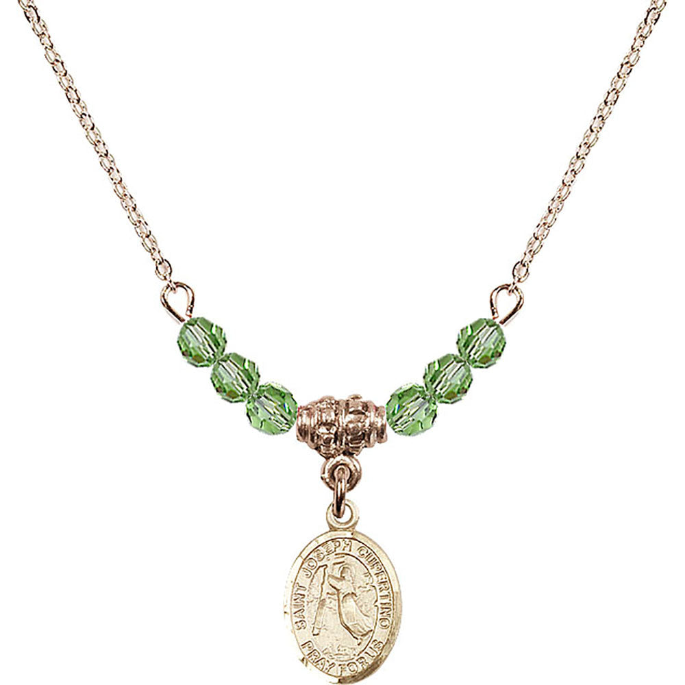14kt Gold Filled Saint Joseph of Cupertino Birthstone Necklace with Peridot Beads - 9057