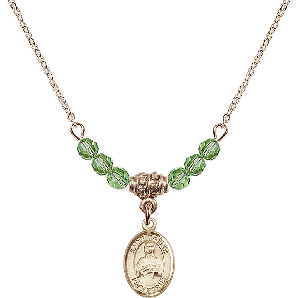 14kt Gold Filled Saint Kateri Tekakwitha Birthstone Necklace with Peridot Beads - 9061