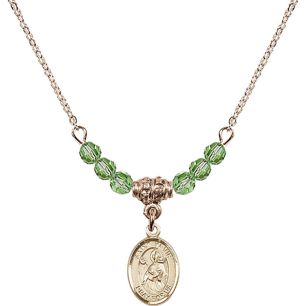 14kt Gold Filled Saint Kevin Birthstone Necklace with Peridot Beads - 9062